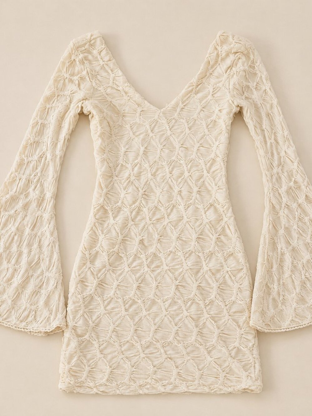 Bebe Ivory Textured Knit Bell Sleeve Bodycon Mini Dress